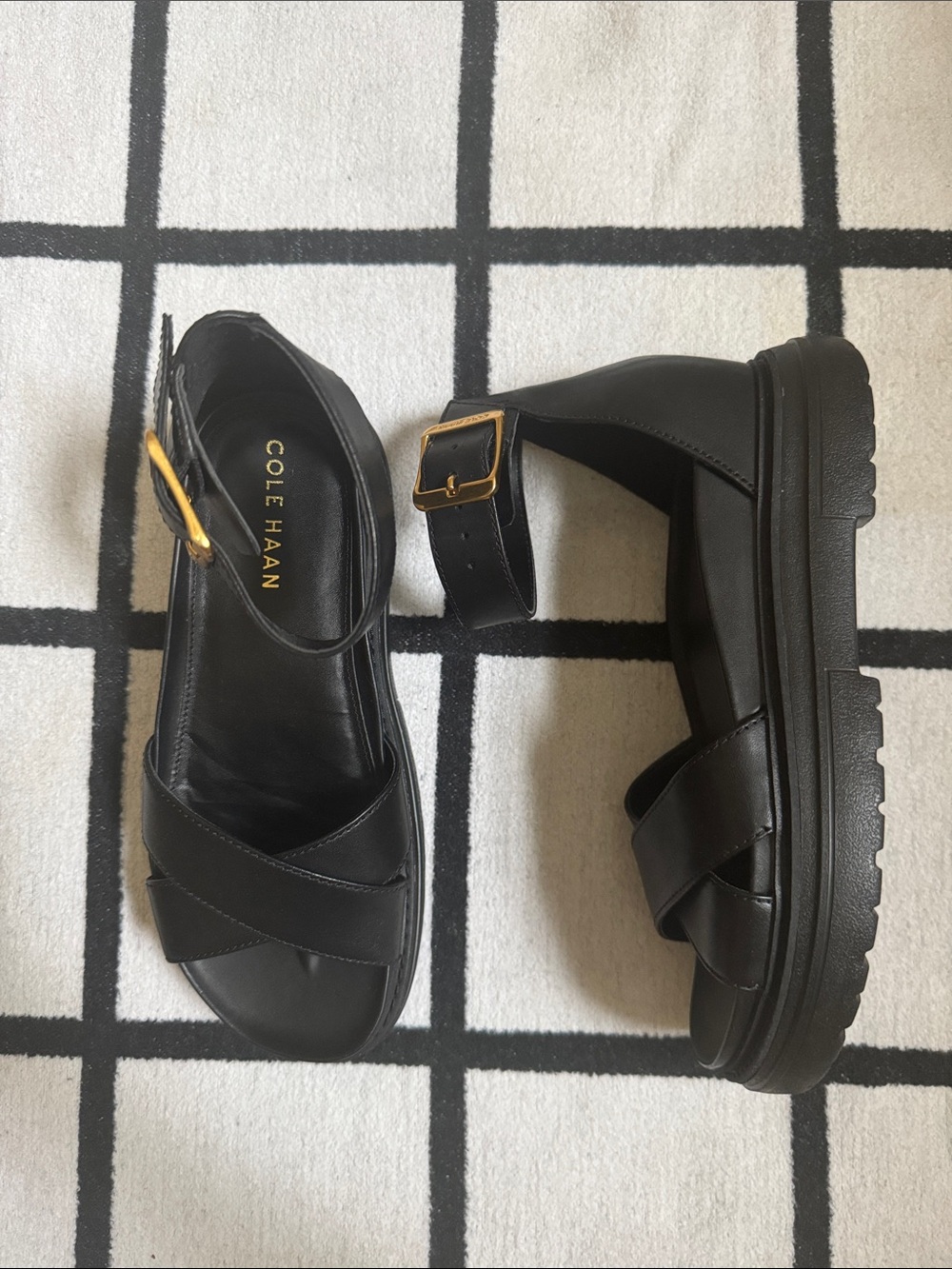 NWOB Cole Haan Grand 360 Fraya Black Leather Platform Ankle Strap Sandals size 5
